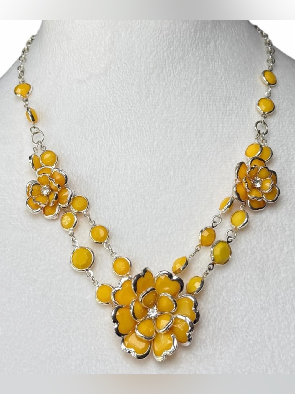 Chunky Mustard Yellow Floral Statement Necklace Silver Tone Rhinestone Flowers